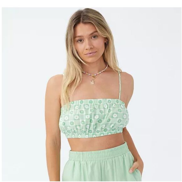 NWT Cotton On Cali Cropped Cami Tank Green Floral Checkered Size Medium - Picture 1 of 7